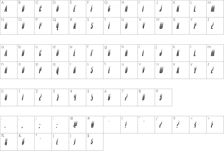 Devil Summoner Halftone Italic font character map preview