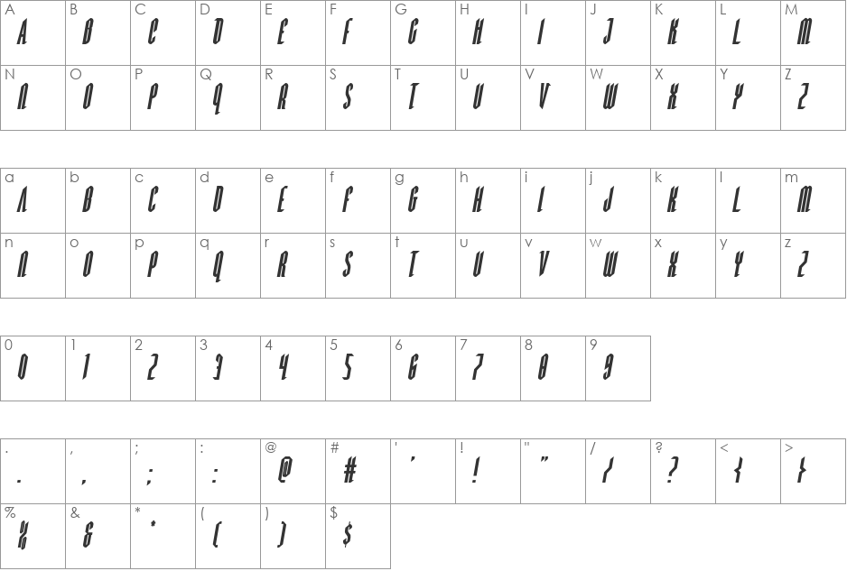 Devil Summoner Italic font character map preview