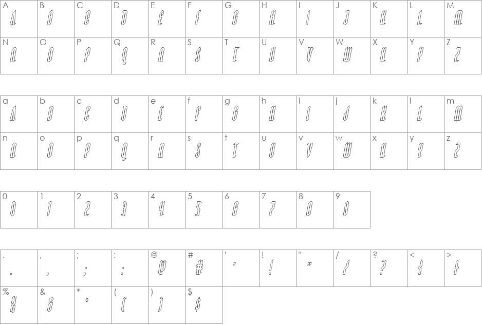 Devil Summoner Outline Italic font character map preview