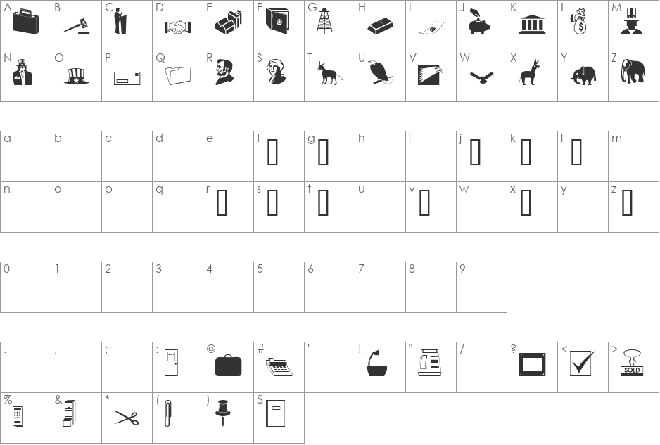 DexisDingbatsSevenSSi font character map preview