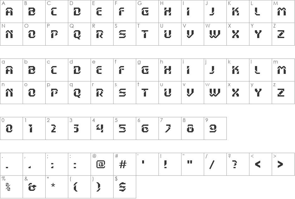DexterC font character map preview