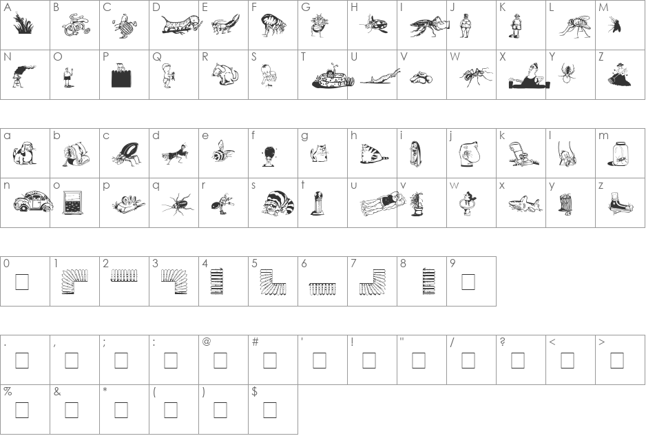 Df Backyard Beasties ITC font character map preview