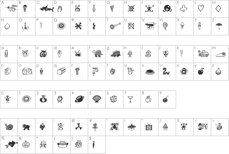 Df Daves Raves OneTT ITC font character map preview