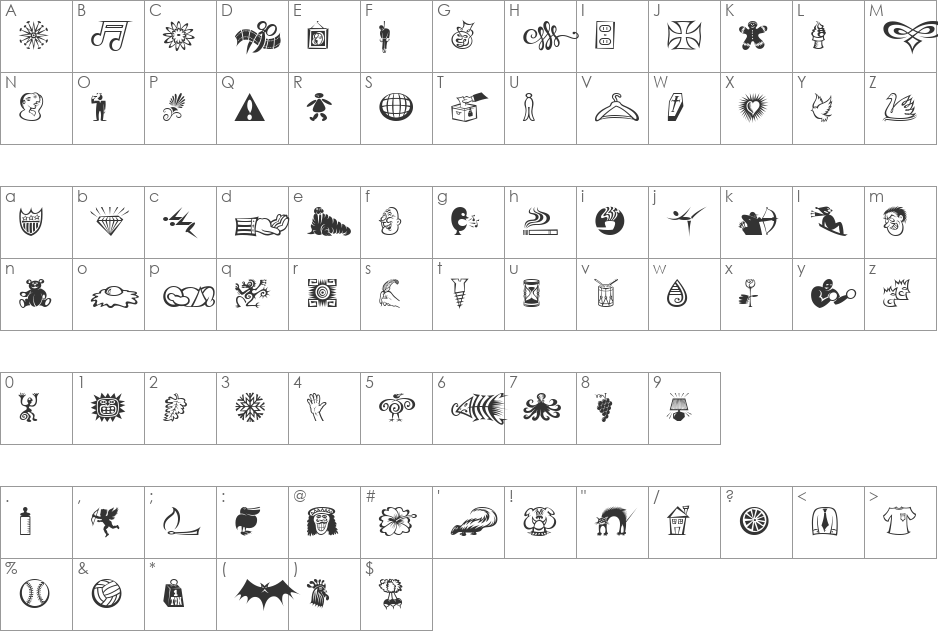 Df Daves Raves Three ITC font character map preview