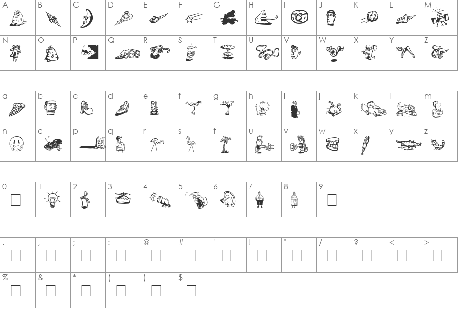 Df Fontoonies ITC font character map preview