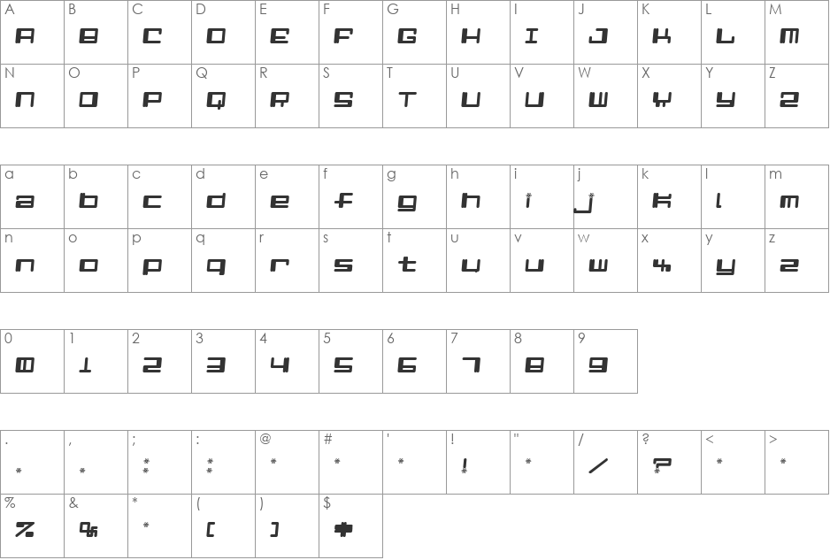 Alpha  Niner i font character map preview
