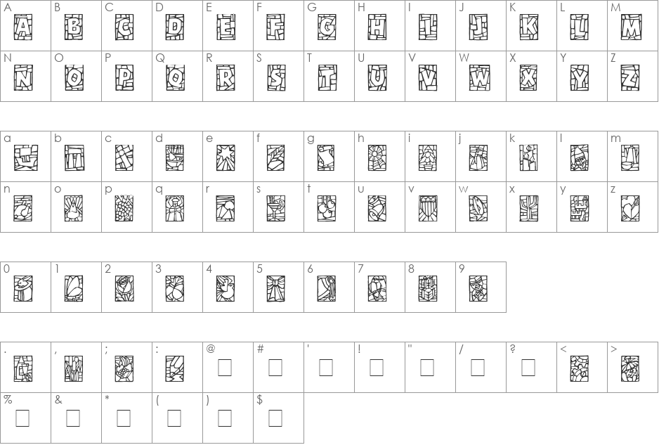 Df Stained Glass ITC font character map preview