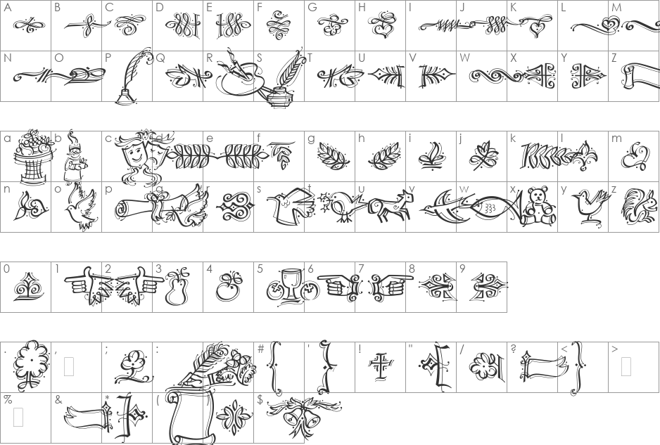 DfCalligraphicOrnamentsPlain font character map preview