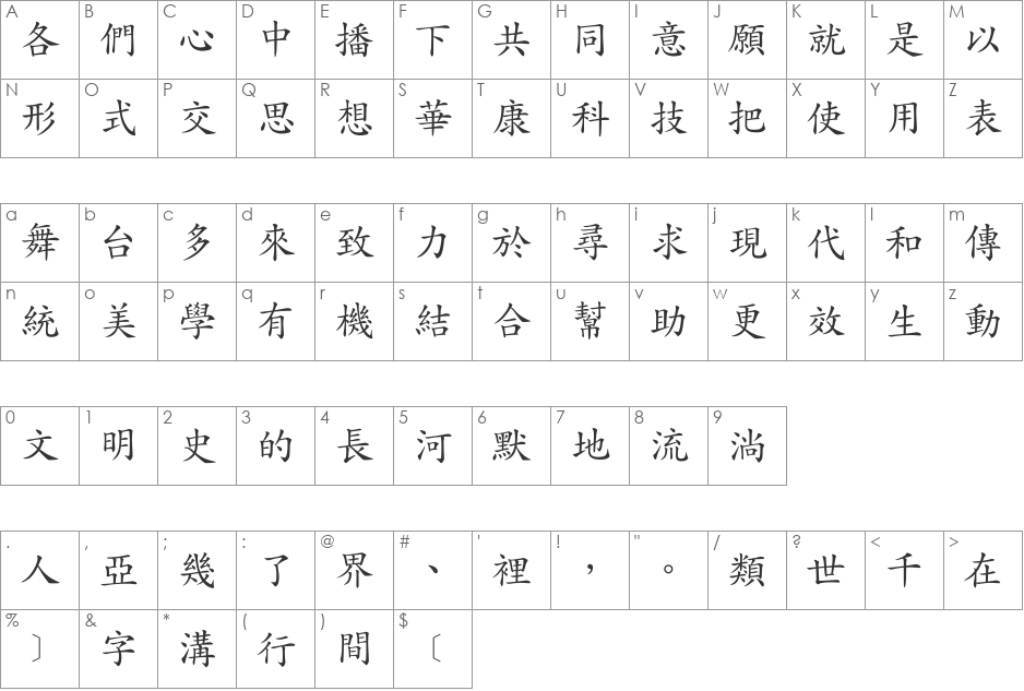 DFKaiShuMedium1B font character map preview