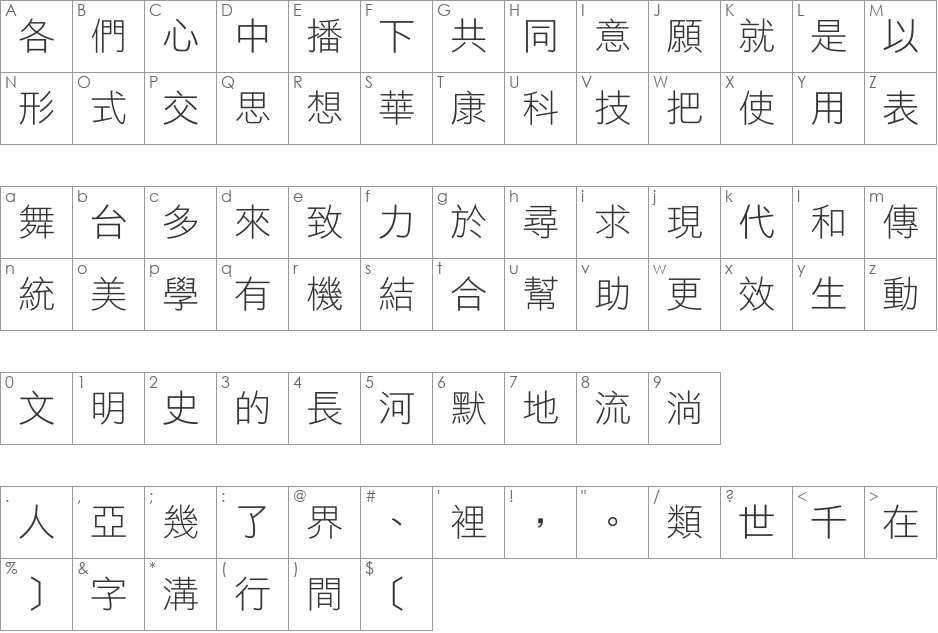 DFLiHeiLight1B font character map preview