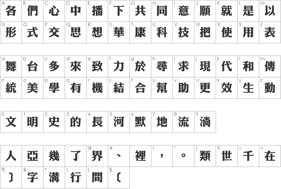 DFLiKingHei1B font character map preview