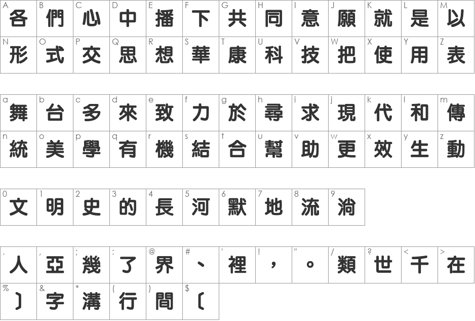DFLiYuanXBold1B font character map preview