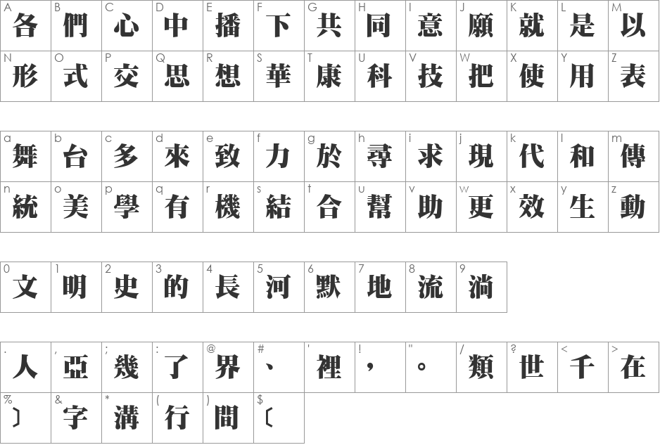 DFMingUBold1B font character map preview