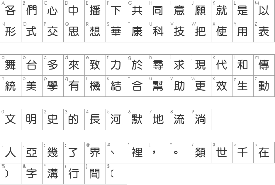 DFYuanBold1B font character map preview
