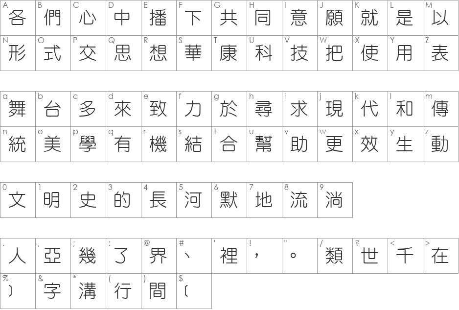 DFYuanLight1B font character map preview
