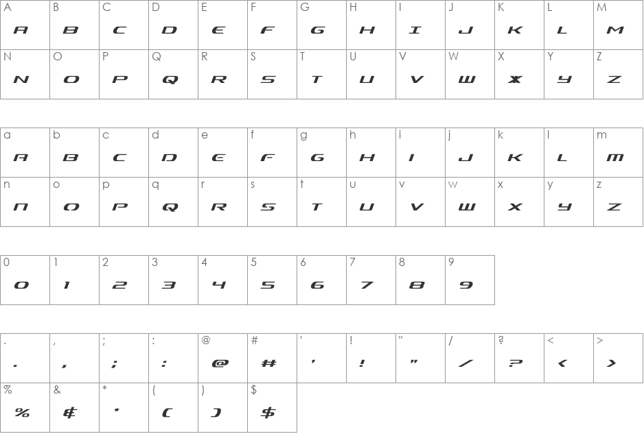 Alpha Men Condensed Italic font character map preview