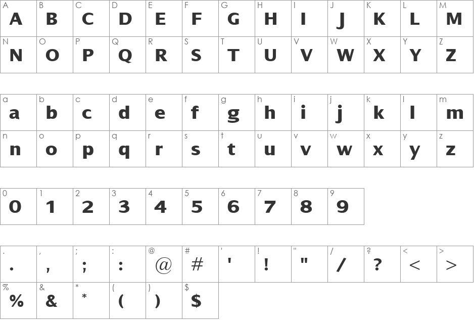 Dialog XBold font character map preview