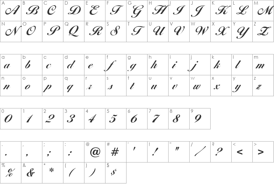 Diana Script Agency Bold font character map preview