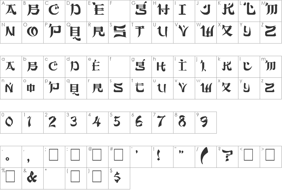 DickChamberlainsDeathF font character map preview