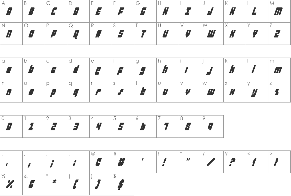 Alpha Taurus CondItalic font character map preview