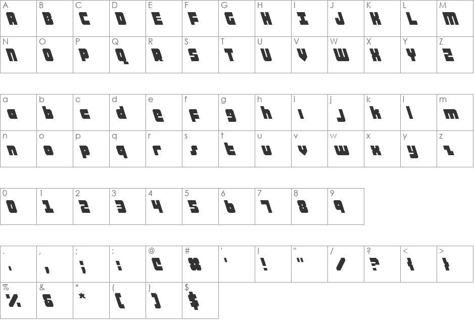 Alpha Taurus Leftalic font character map preview