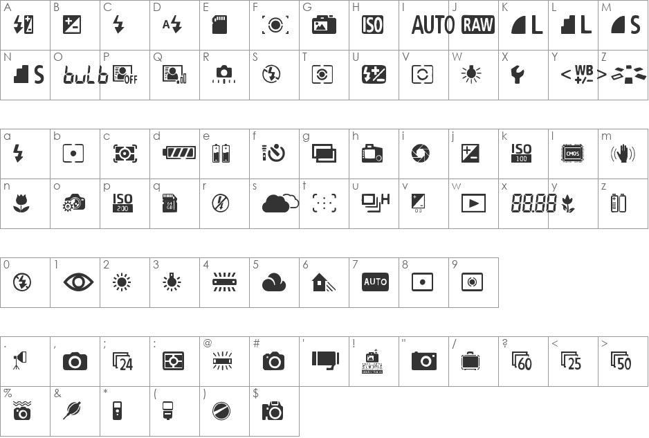 Digital Camera Symbols font character map preview