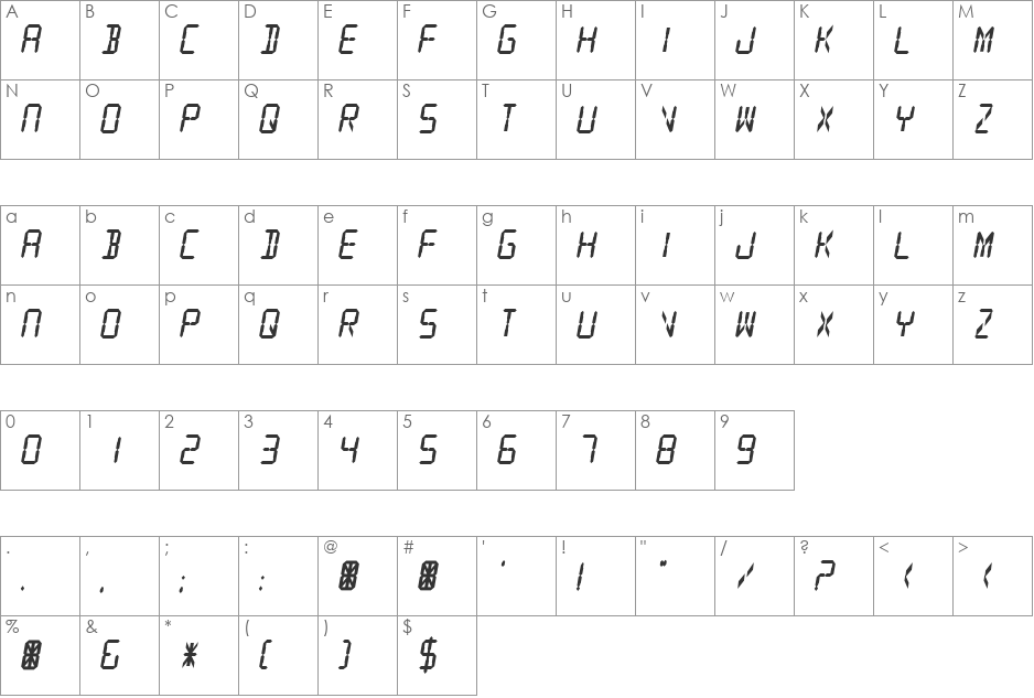 Digital Readout Thick Upright font character map preview