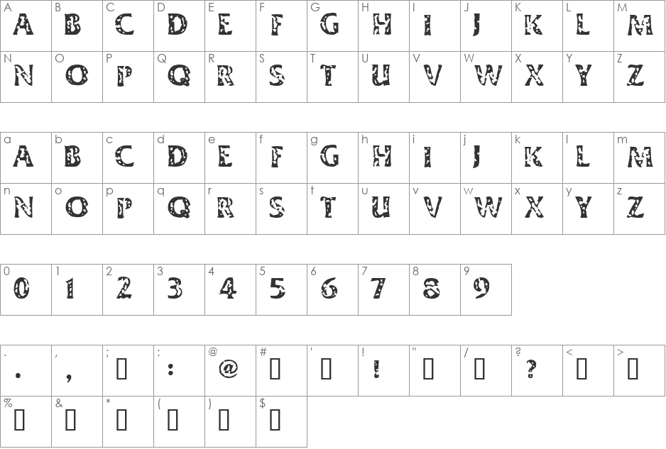 Dimestore Hooker font character map preview