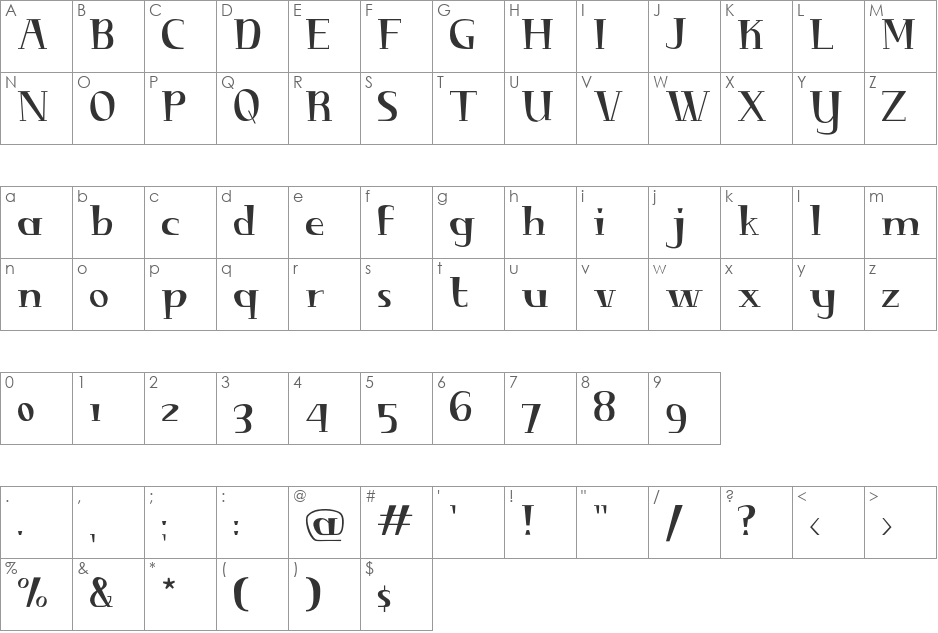 Diminuendo font character map preview