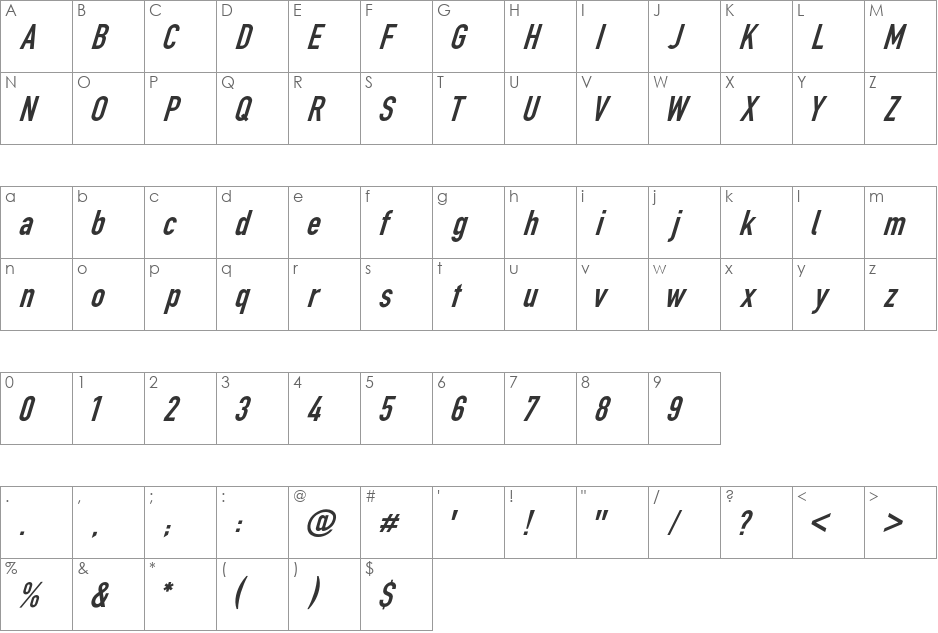 Din Kursivschrift font character map preview