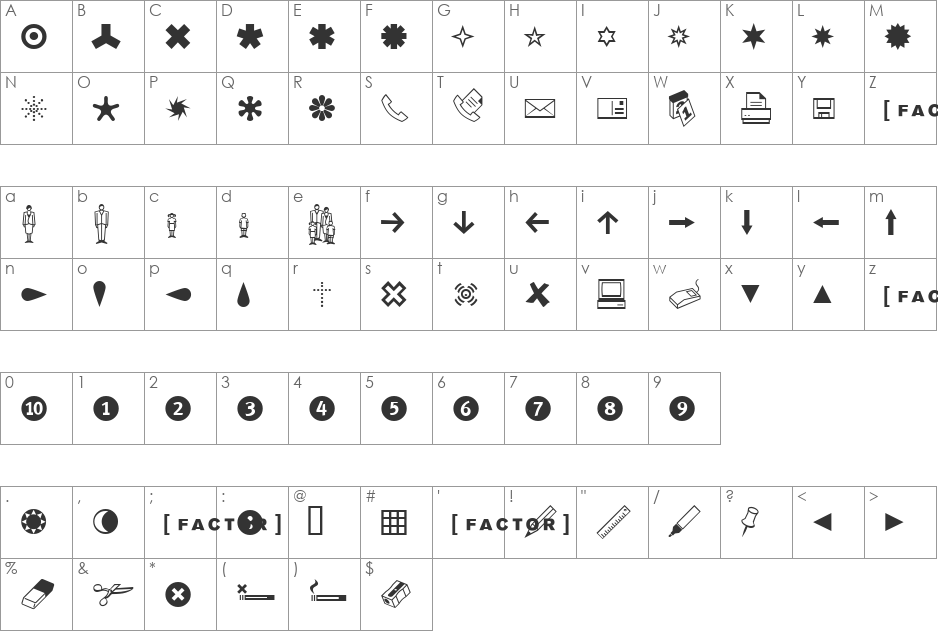 Dingbests font character map preview