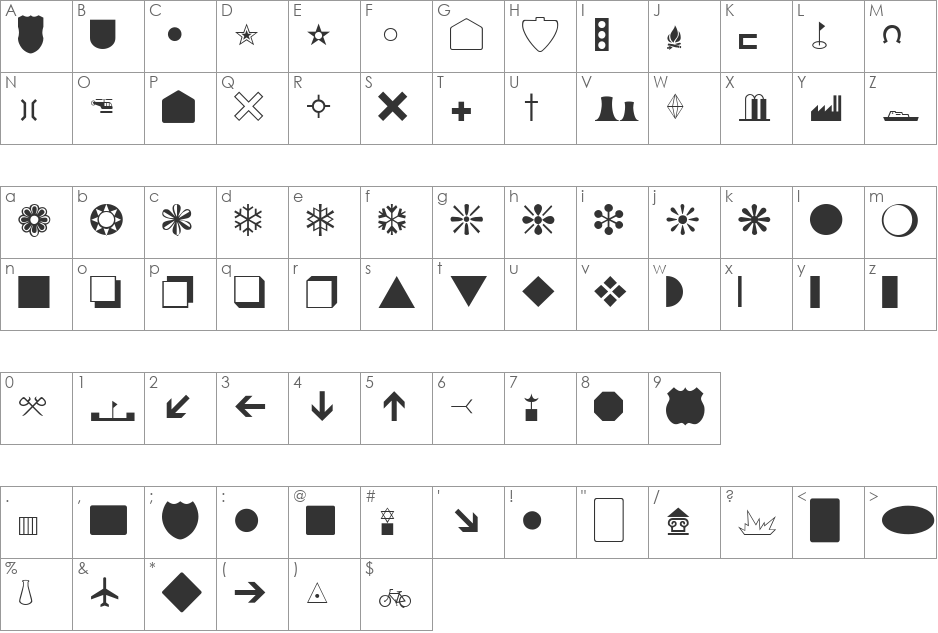 Dingthings font character map preview