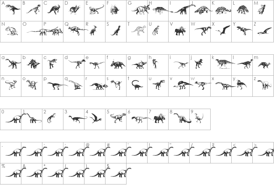 Dinosaurs font character map preview