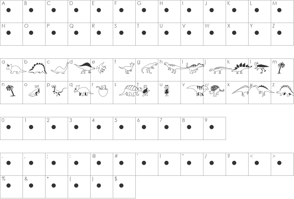 Dinosaurs MT font character map preview