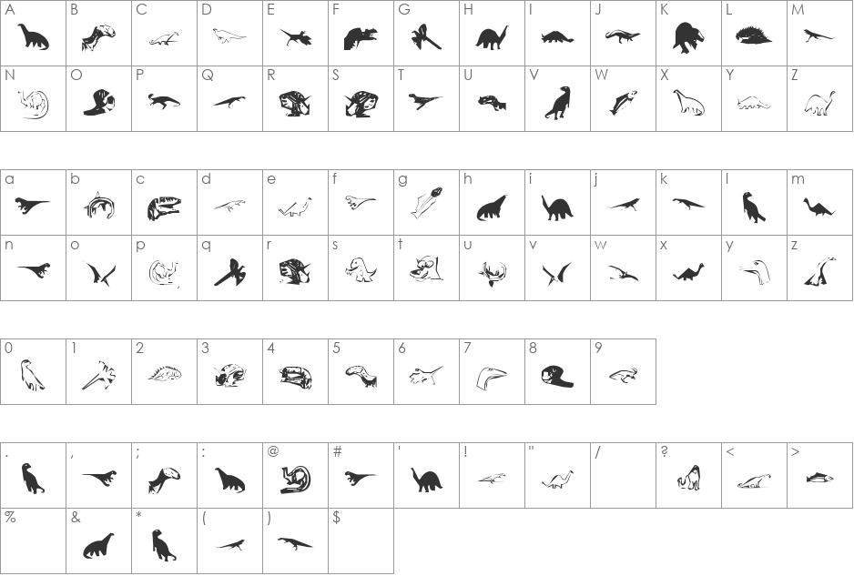DinosFragments font character map preview