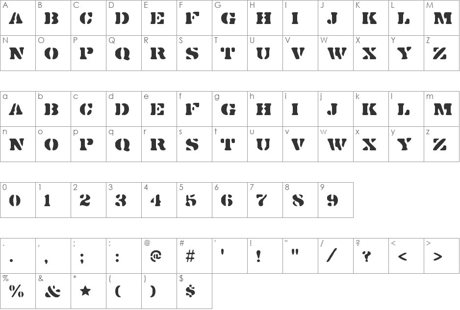 Dirty Baker's Dozen font character map preview