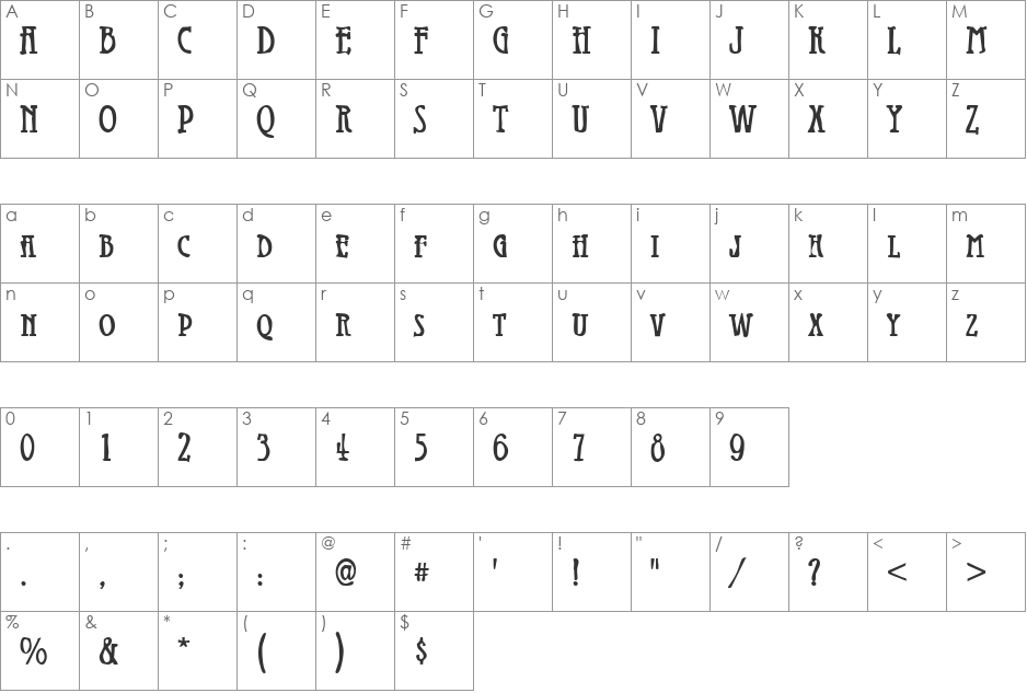 Dirty20 Becker font character map preview