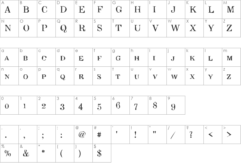 Dirty31 Becker font character map preview