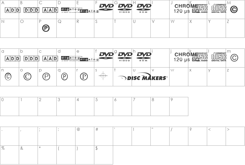 DiscMakersFont0304 font character map preview