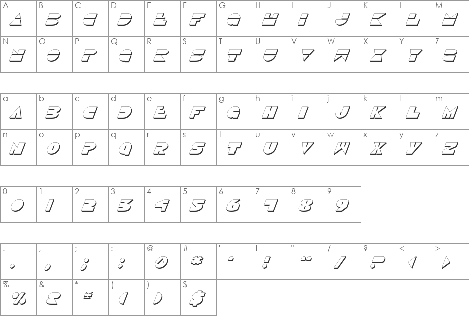 Disco Duck 3D Italic font character map preview