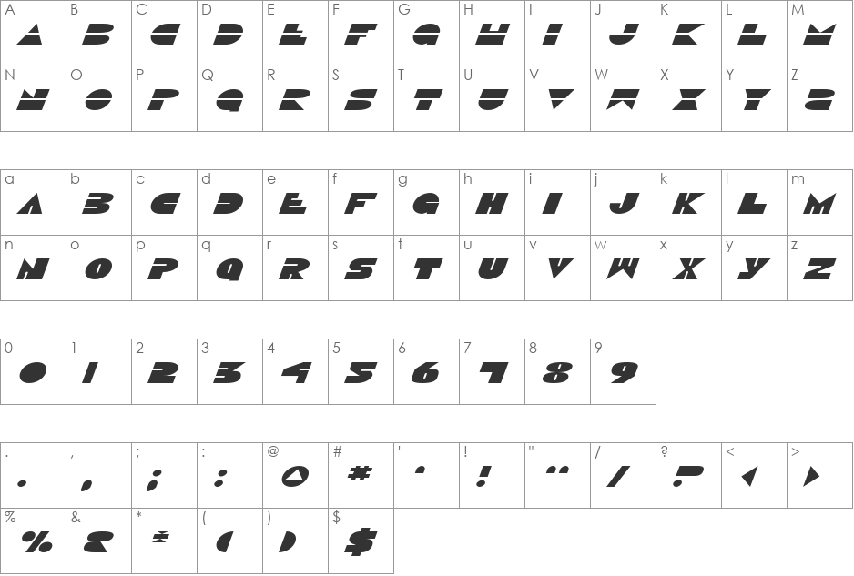 Disco Duck ExpItalic font character map preview