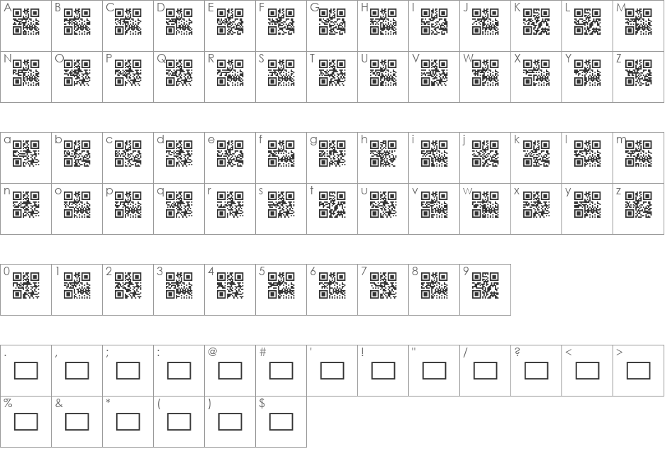 AlphanumericQR font character map preview