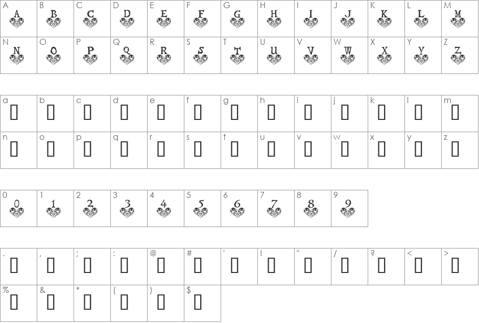 Distelfink Heart font character map preview