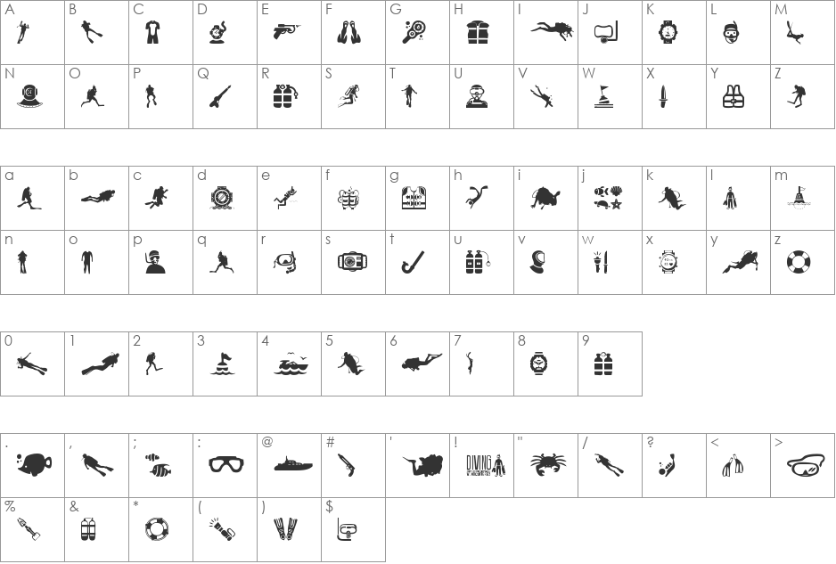 Diving font character map preview