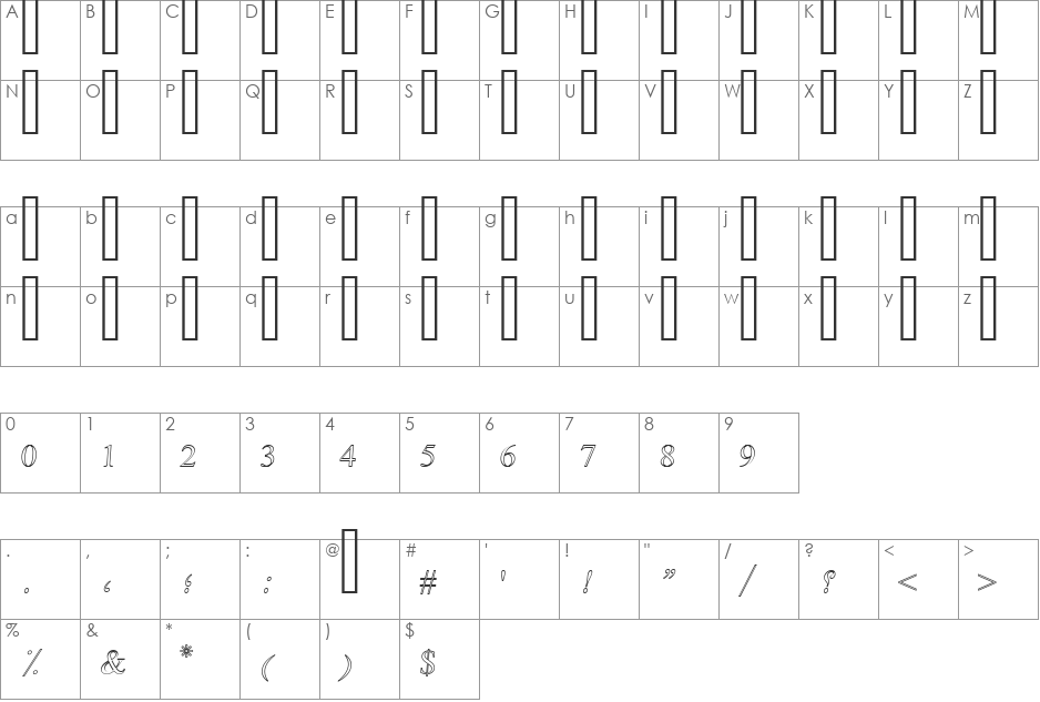 Diwani Simple Outline font character map preview