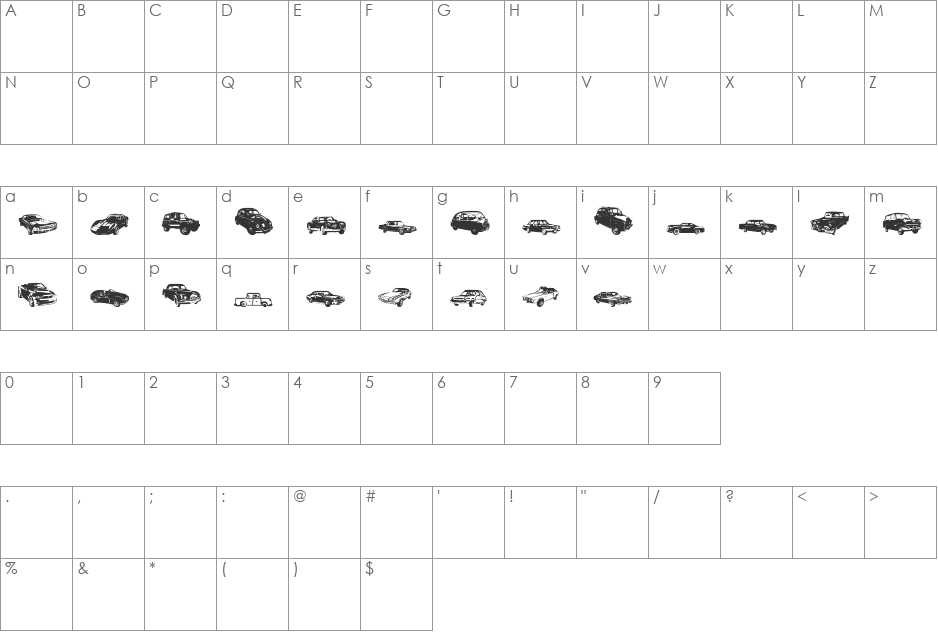 DJ Autocar font character map preview