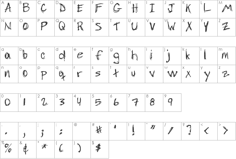 DJB Chicken Skratchez font character map preview