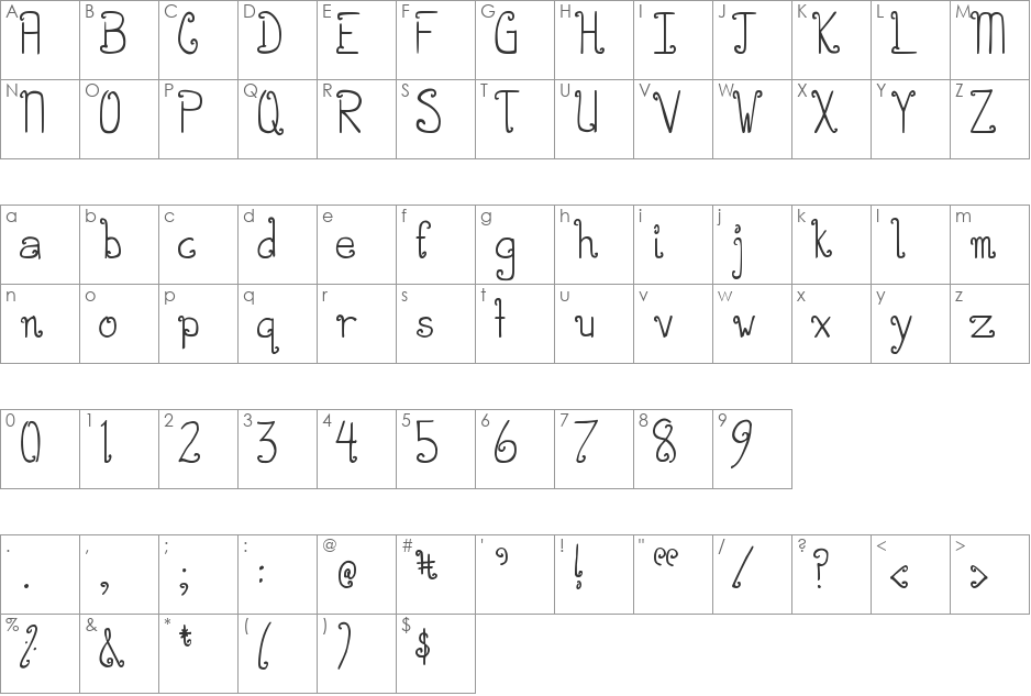 DJB CURLIE WURLIE font character map preview