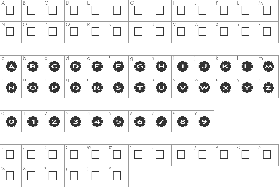 AlphaShapes gears font character map preview