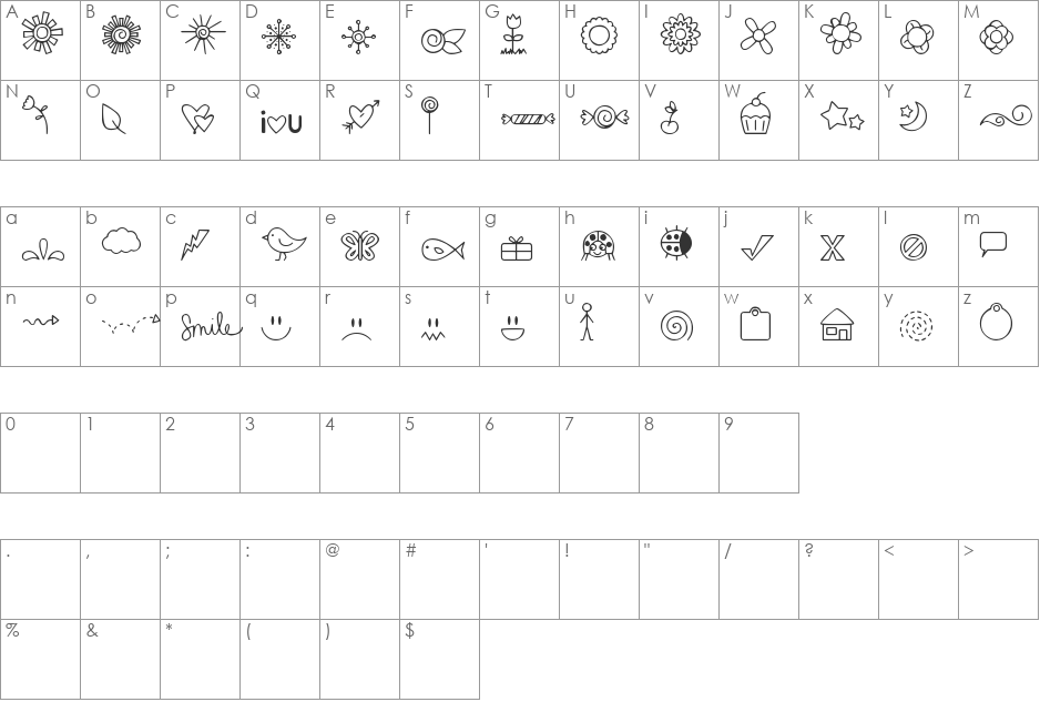 DJB DOODLED BITS font character map preview